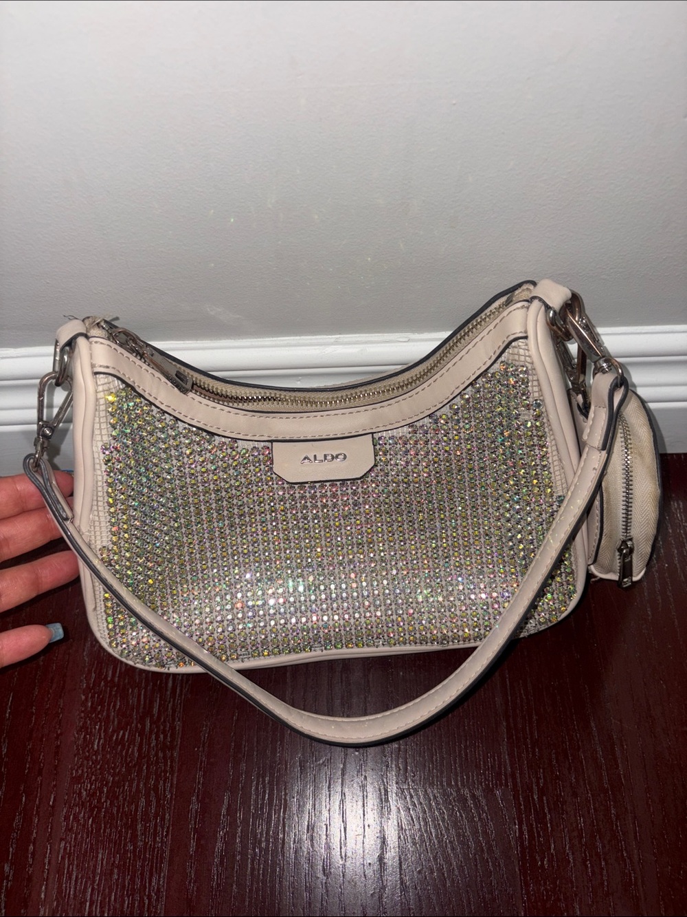 ALDO Iridescent Crystal-Front White Shoulder Bag